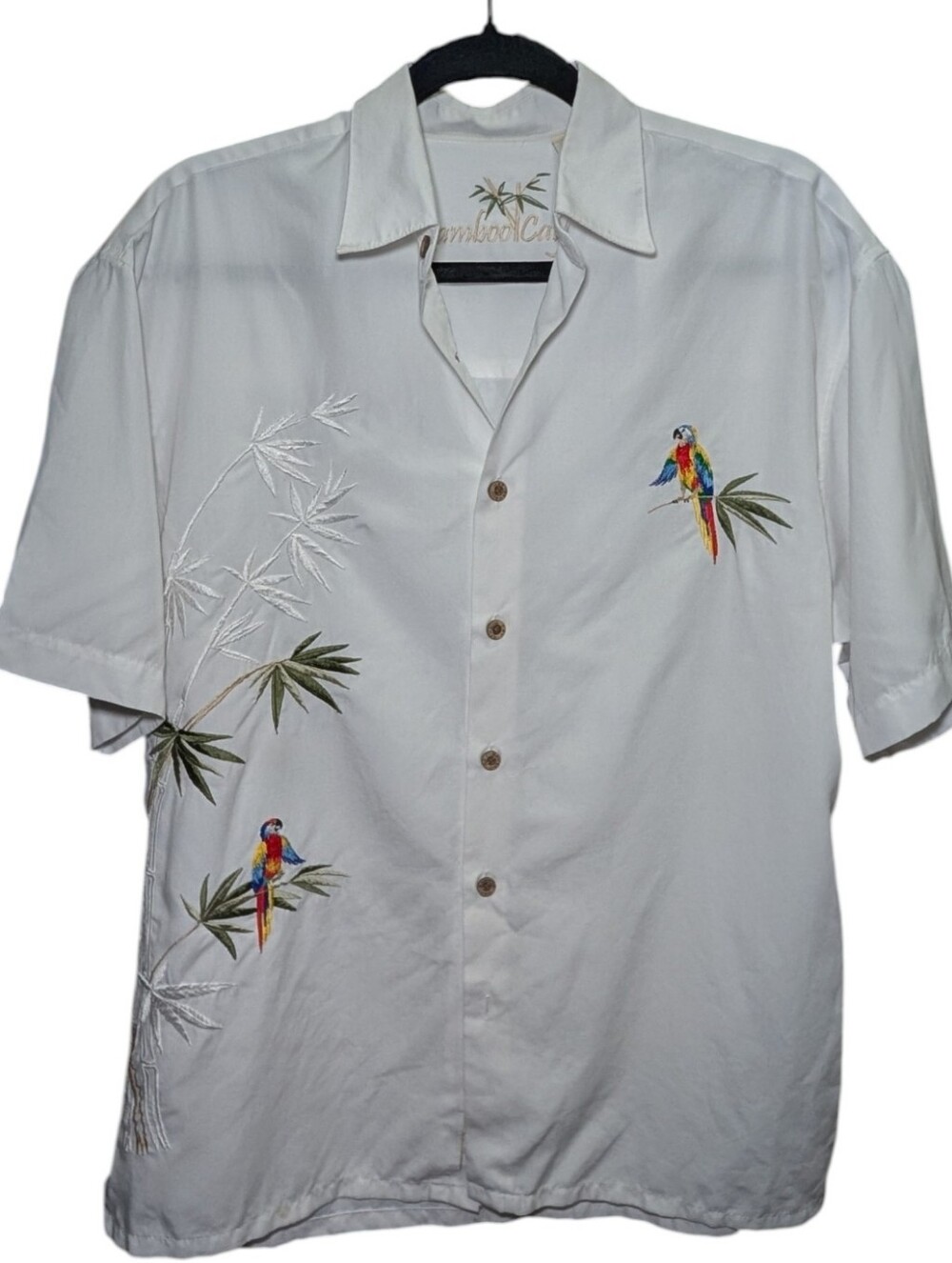 BAMBOO White Short-Sleeve Button-Up Shirt with Colorful Parrot Embroidery